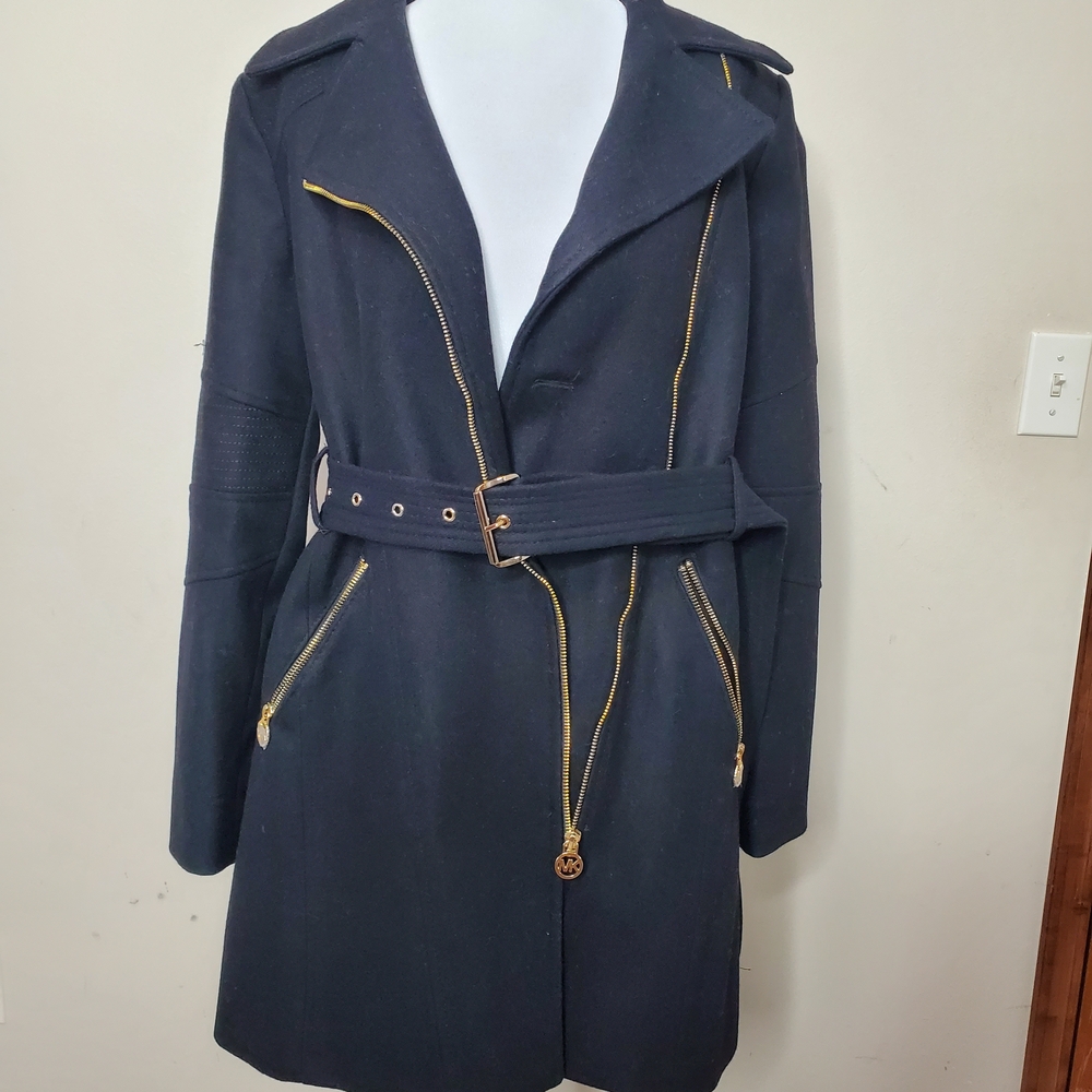 MICHAEL Michael Kors Black Trench Coat with Gold Accents